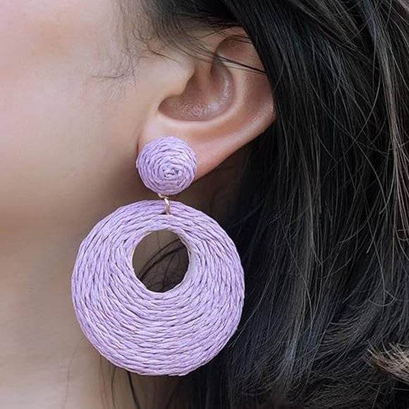 Lavender Rattan Earrings Chunky Wicker Raffia Dangle Hoop Beachy Vacation New - Picture 3 of 9